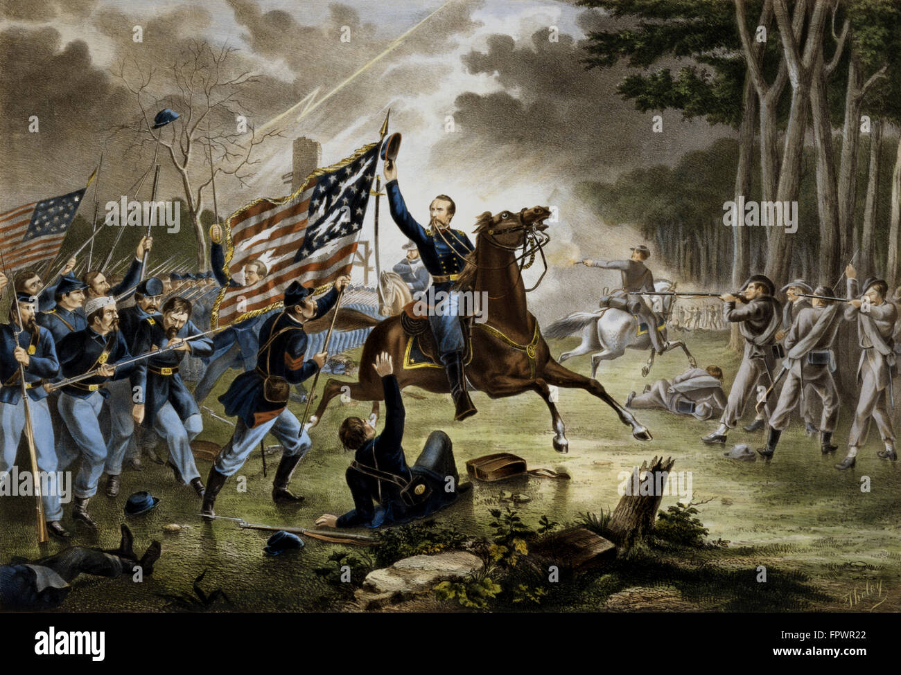 Vintage Civil War print of General Philip Kearny's fatal charge at the Battle of Chantilly, September 1, 1862. Stock Photo