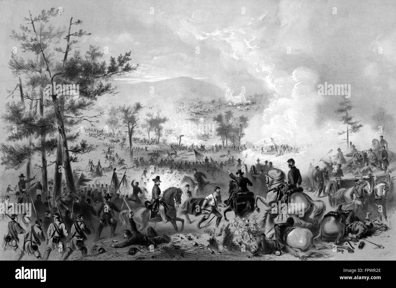 Vintage Civil War print of the Battle of Gettysburg. The famous battle took place in early July 1863 and resulted in the largest Stock Photo