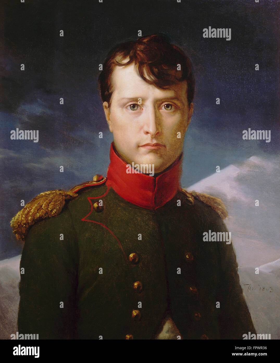 Vintage painting is titled, Napoleon Bonaparte Premier Consul. Stock Photo