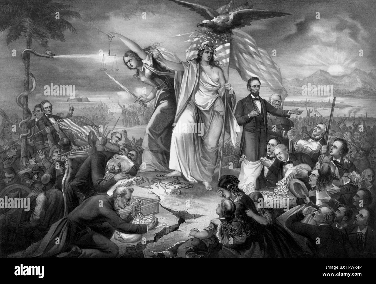 Vintage Civil War Print, titled The Outbreak Of Rebellion In The United States 1861. It is of Lady Liberty, The American Flag, a Stock Photo