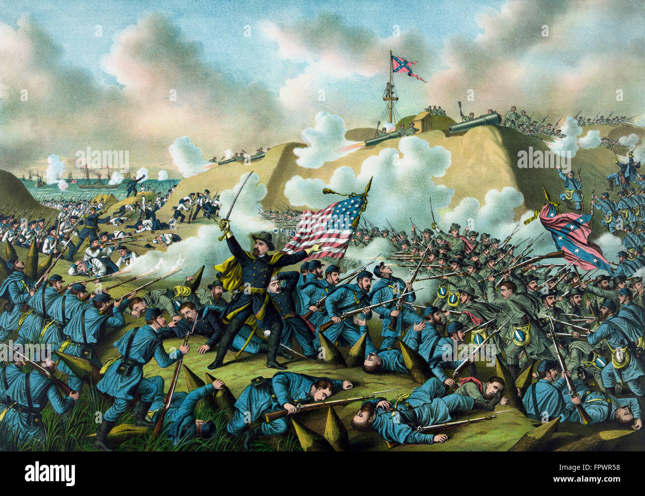 Civil War print depicting the Union Army's capture of Fort Fisher. The capture of Fort Fisher was a joint assault of Union Army Stock Photo