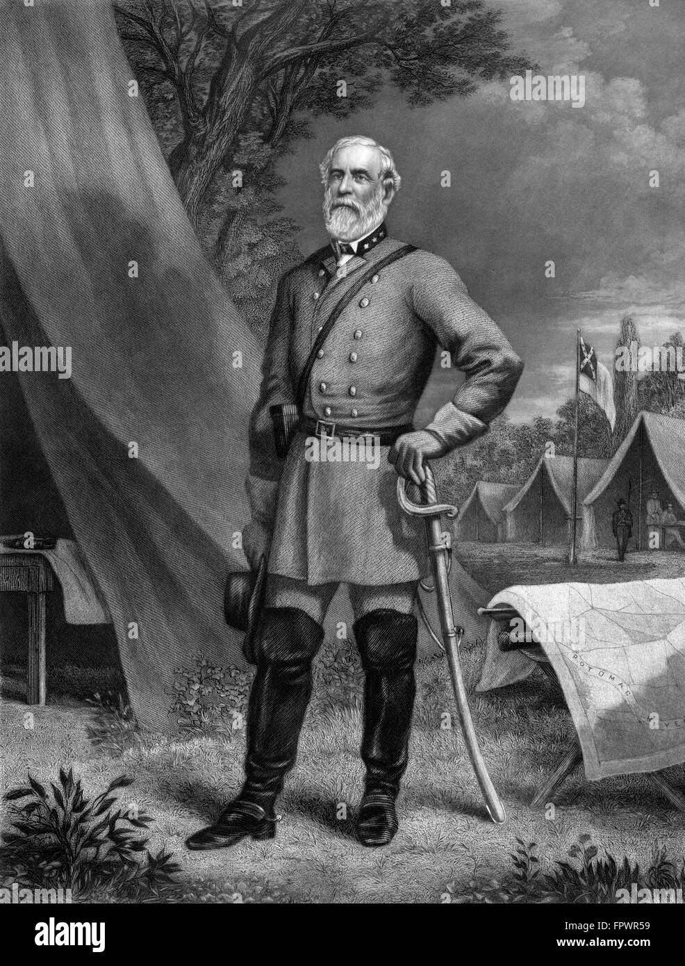 Civil War artwork of General Robert E. Lee standing in a Confederate Army camp. Stock Photo