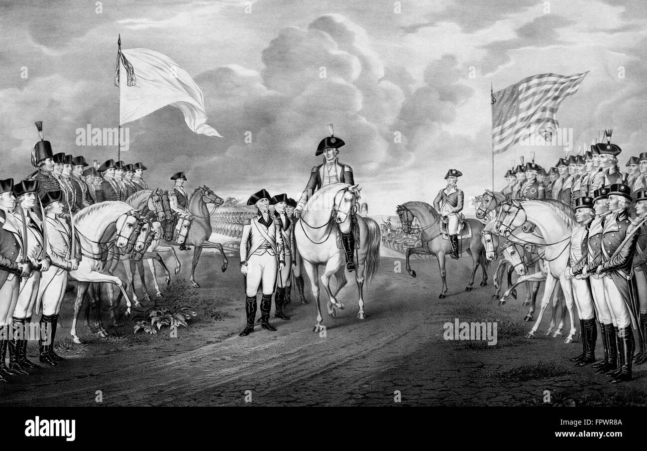 Vintage Revolutionary War print showing the surrender of British troops, to General George Washington and the Continental Army. Stock Photo