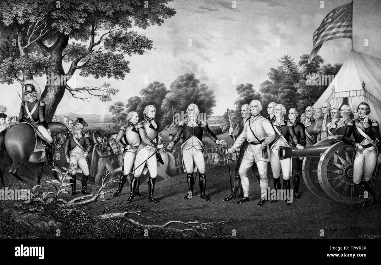Revolutionary War Print showing the surrender of British General John Burgoyne at Saratoga, on October 17, 1777. This action pre Stock Photo
