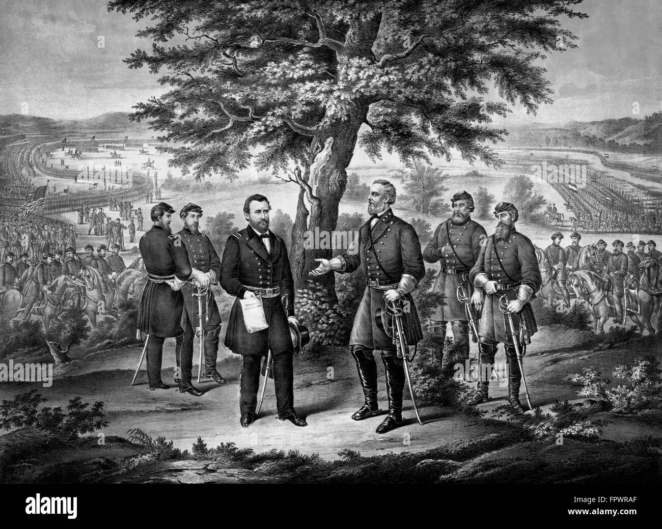 Vintage Civil War print showing the surrender of General Robert E. Lee to General Ulysses S. Grant. Behind the Generals, and the Stock Photo