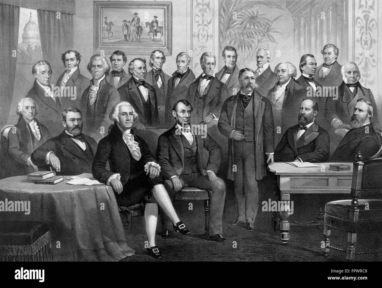 Vintage American history print of the first twenty-one Presidents of The United States, seated together in The White House. Incl Stock Photo