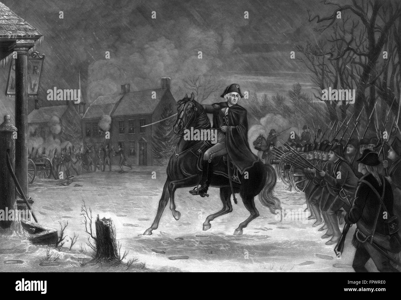 Vintage American History print of General George Washington on his horse, leading armed troops, at The Battle of Trenton. Stock Photo