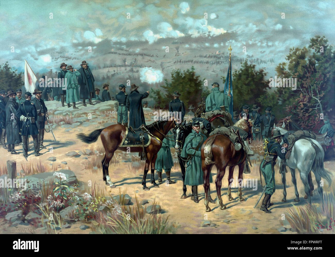Vintage Civil War poster of the Battle of Missionary Ridge which took place during the Chattanooga Campaign. The print shows Gen Stock Photo