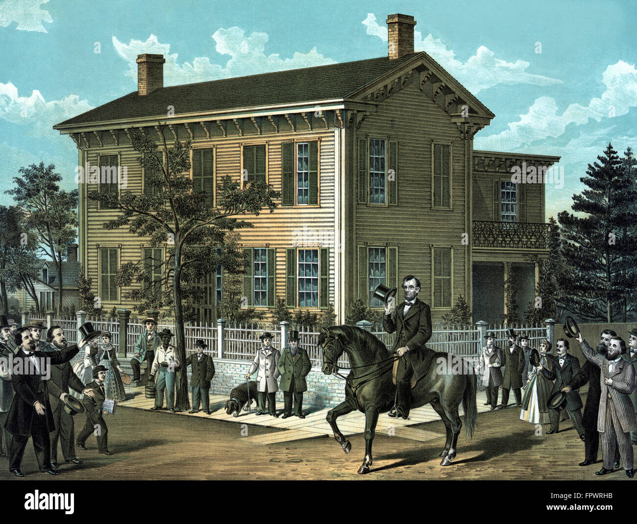 Vintage Civil War print of Abraham Lincoln riding on horseback, as a crowd cheers. It reads, Abraham Lincoln's Return Home, Afte Stock Photo