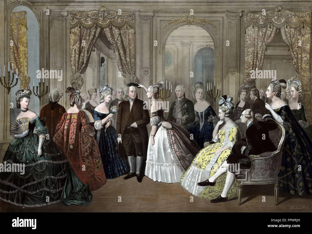 Vintage American History print of Benjamin Franklin's reception by the French court. Stock Photo