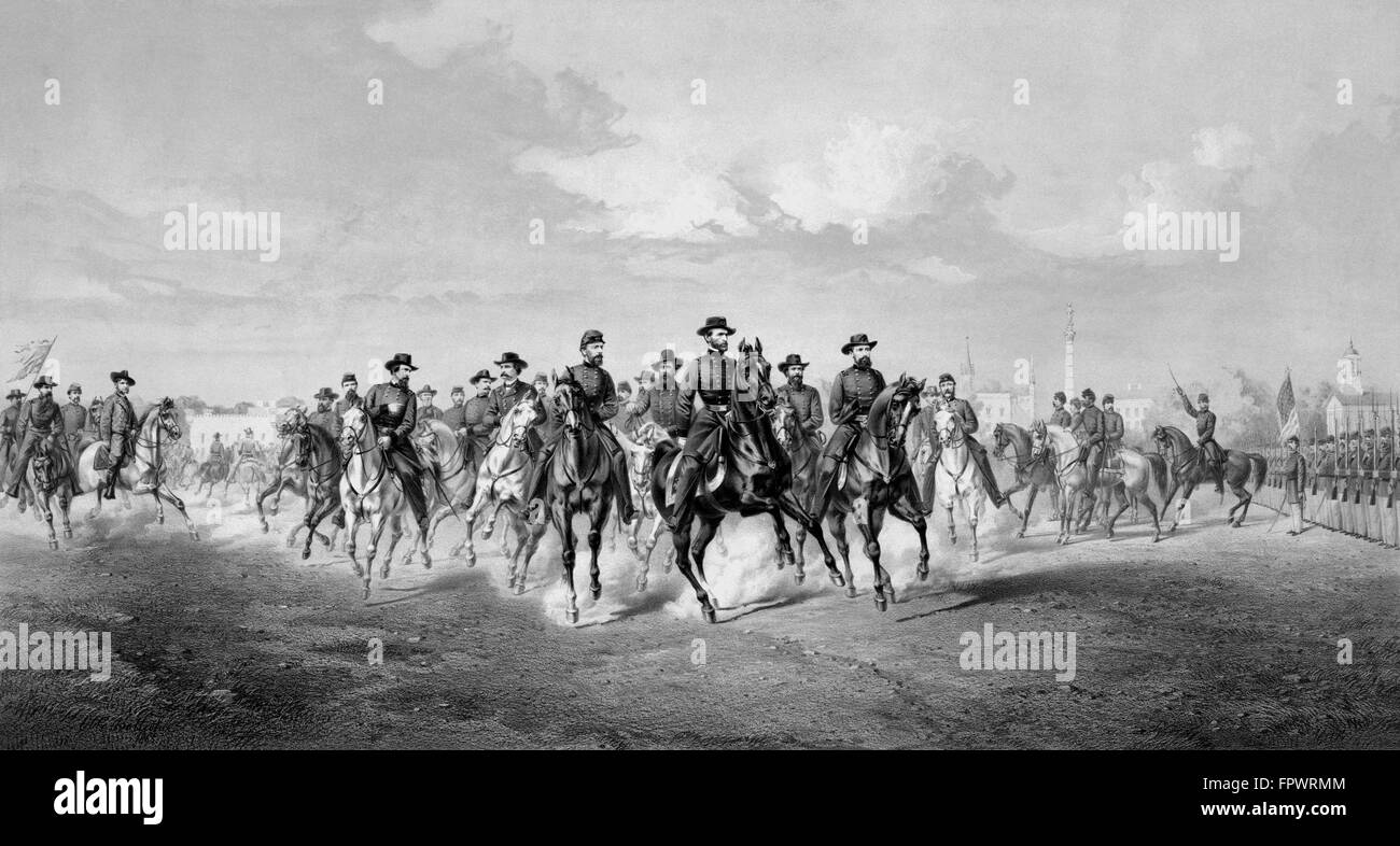 Vintage Civil War print of General William Tecumseh Sherman and his Generals on horseback in Savannah, Georgia. Stock Photo