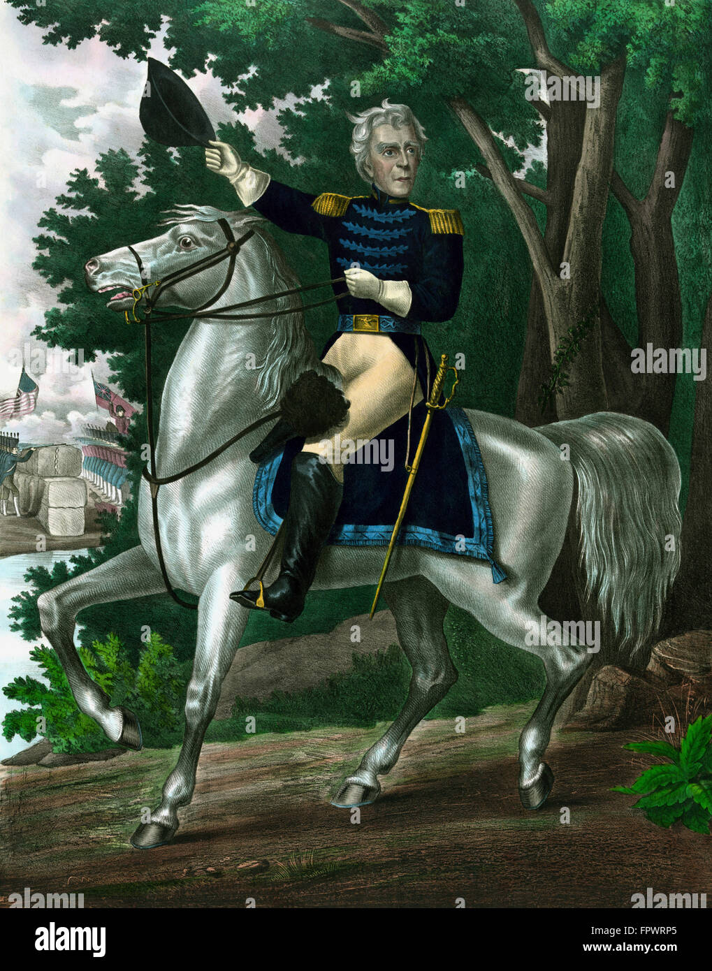 Vintage American history print of General Andrew Jackson on horseback, leading troops during battle. It reads, Andrew Jackson, w Stock Photo