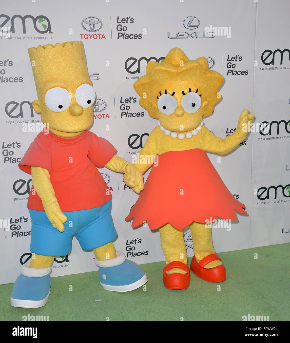 LOS ANGELES, CA - OCTOBER 24, 2015: Bart Simpson & Lisa Simpson characters at the 25th Annual Environmental Media Awards at Warner Bros. Studios, Burbank, CA. Stock Photo