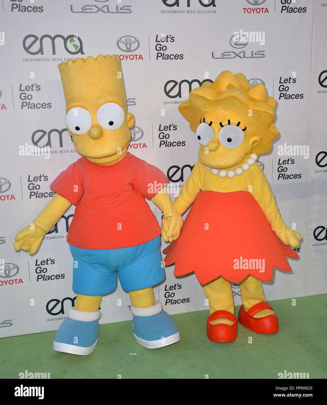 LOS ANGELES, CA - OCTOBER 24, 2015: Bart Simpson & Lisa Simpson characters at the 25th Annual Environmental Media Awards at Warner Bros. Studios, Burbank, CA. Stock Photo