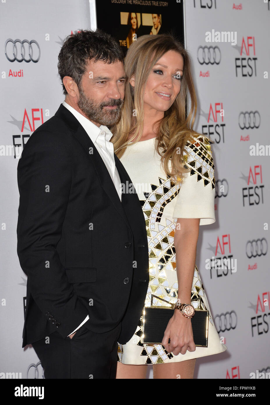 LOS ANGELES, CA - NOVEMBER 9, 2015: Actor Antonio Banderas & girlfriend Nicole Kimpel at the premiere of his movie 'The 33', part of the AFI FEST 2015, at the TCL Chinese Theatre, Hollywood. Stock Photo