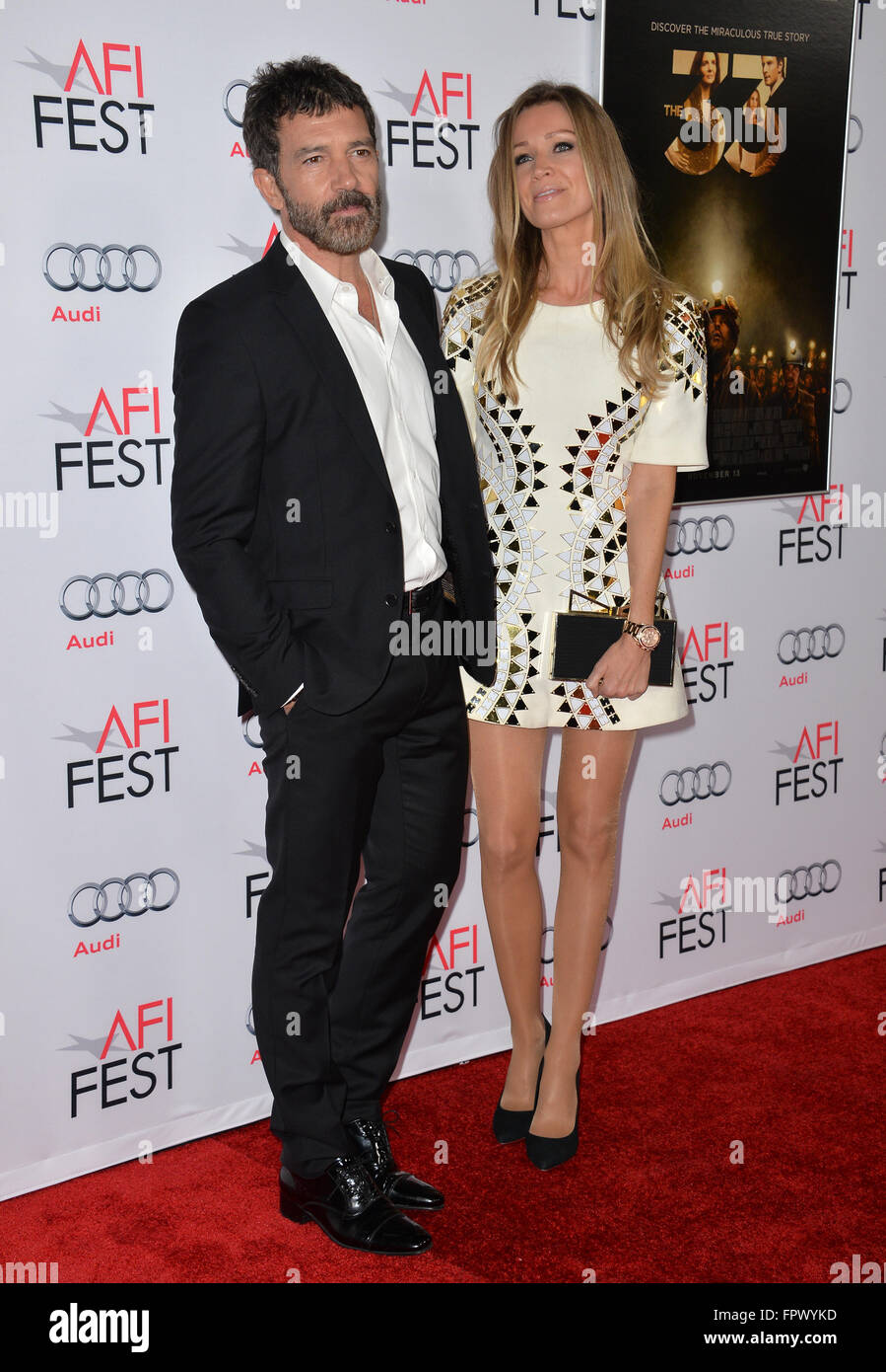 LOS ANGELES, CA - NOVEMBER 9, 2015: Actor Antonio Banderas & girlfriend Nicole Kimpel at the premiere of his movie 'The 33', part of the AFI FEST 2015, at the TCL Chinese Theatre, Hollywood. Stock Photo