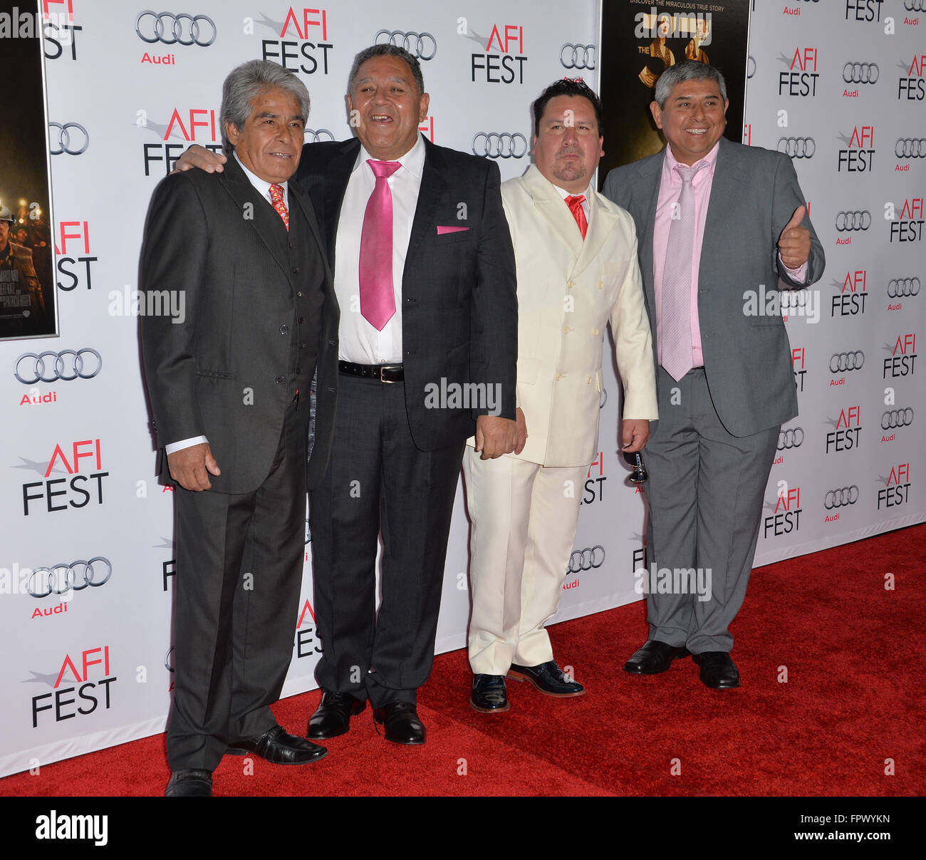 LOS ANGELES, CA - NOVEMBER 9, 2015: Chilean miners Mario Gomez, Luis Urzua, Edison Pena & Juan Carlos Aguilar at the premiere of 'The 33', part of the AFI FEST 2015, at the TCL Chinese Theatre, Hollywood. Stock Photo