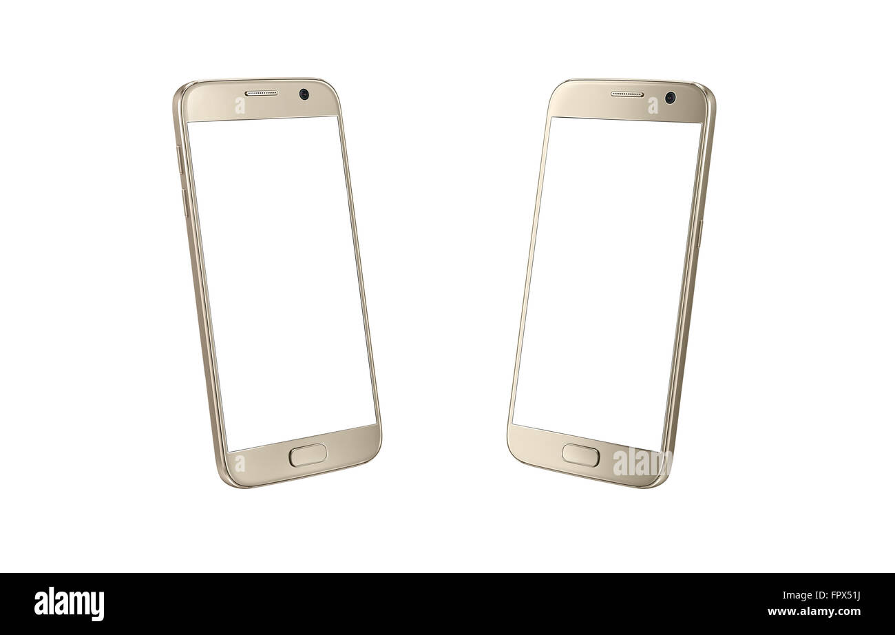 Golden modern smart phone isometric view. White screen for mockup, isolated, two side. Stock Photo