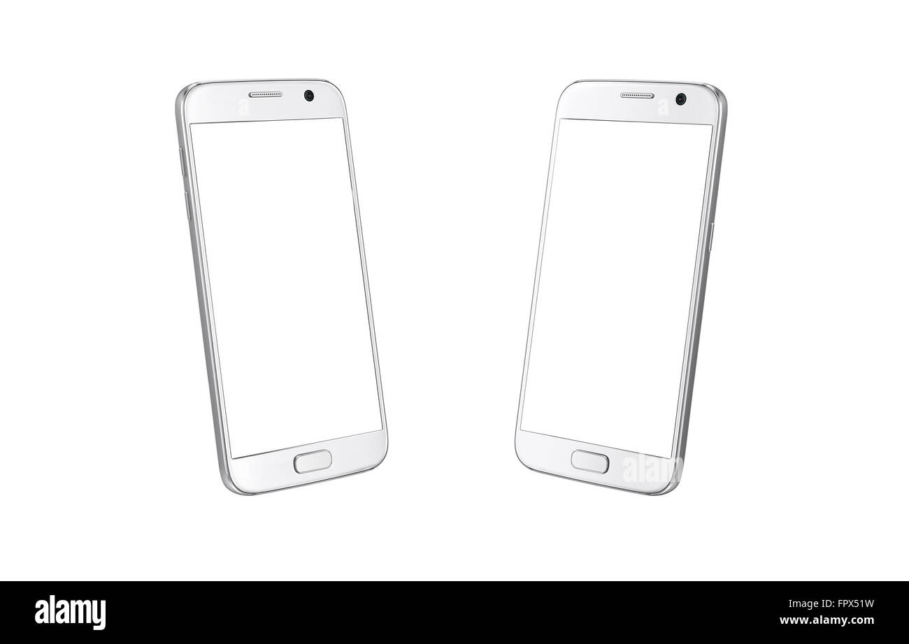 White modern smart phone isometric view. White screen for mockup, isolated, two side Stock Photo