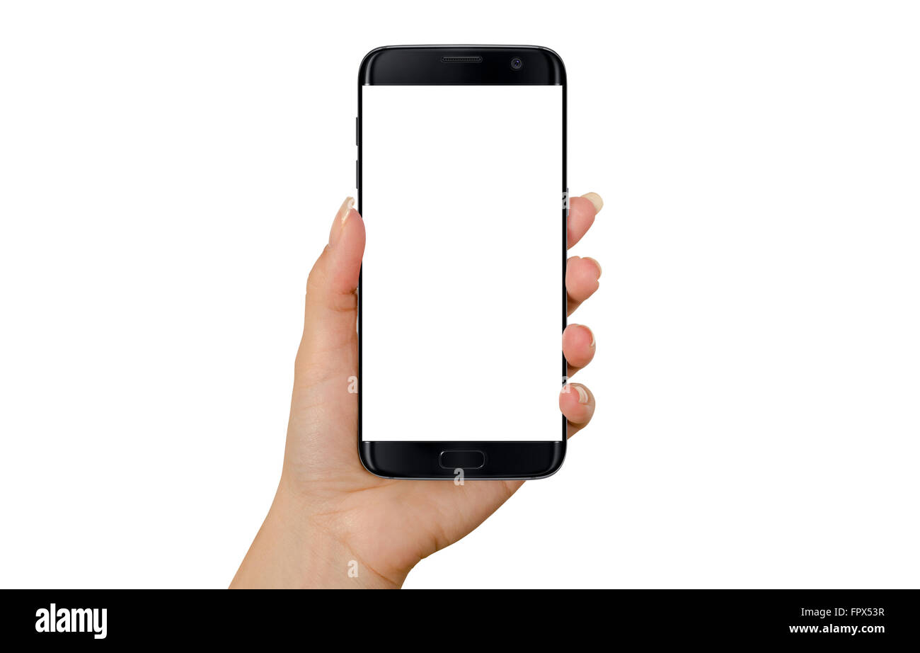 Modern black smart phone in woman hand in horizontal position. White screen for mockup, isolated. Stock Photo