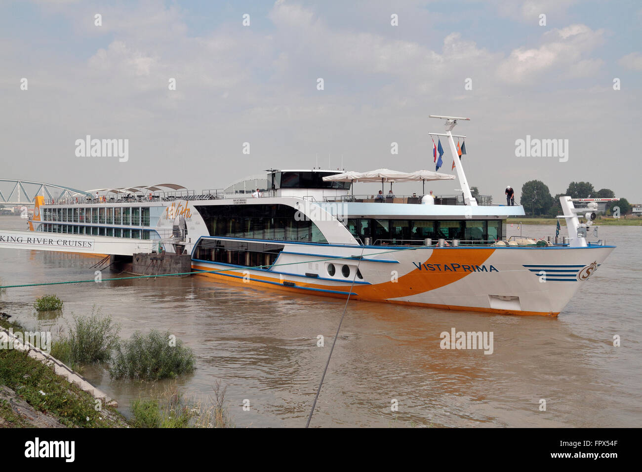 The MS Vista Prima river cruise boat moored on the River Waal in Nijmegen, Netherlands. Stock Photo