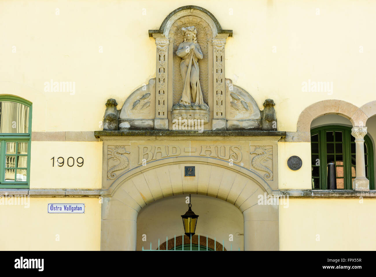Kalmar, Sweden - March 17, 2016: The portal above the old bathhouse from 1909 is called “Susanna in the bath”. It is carved in s Stock Photo