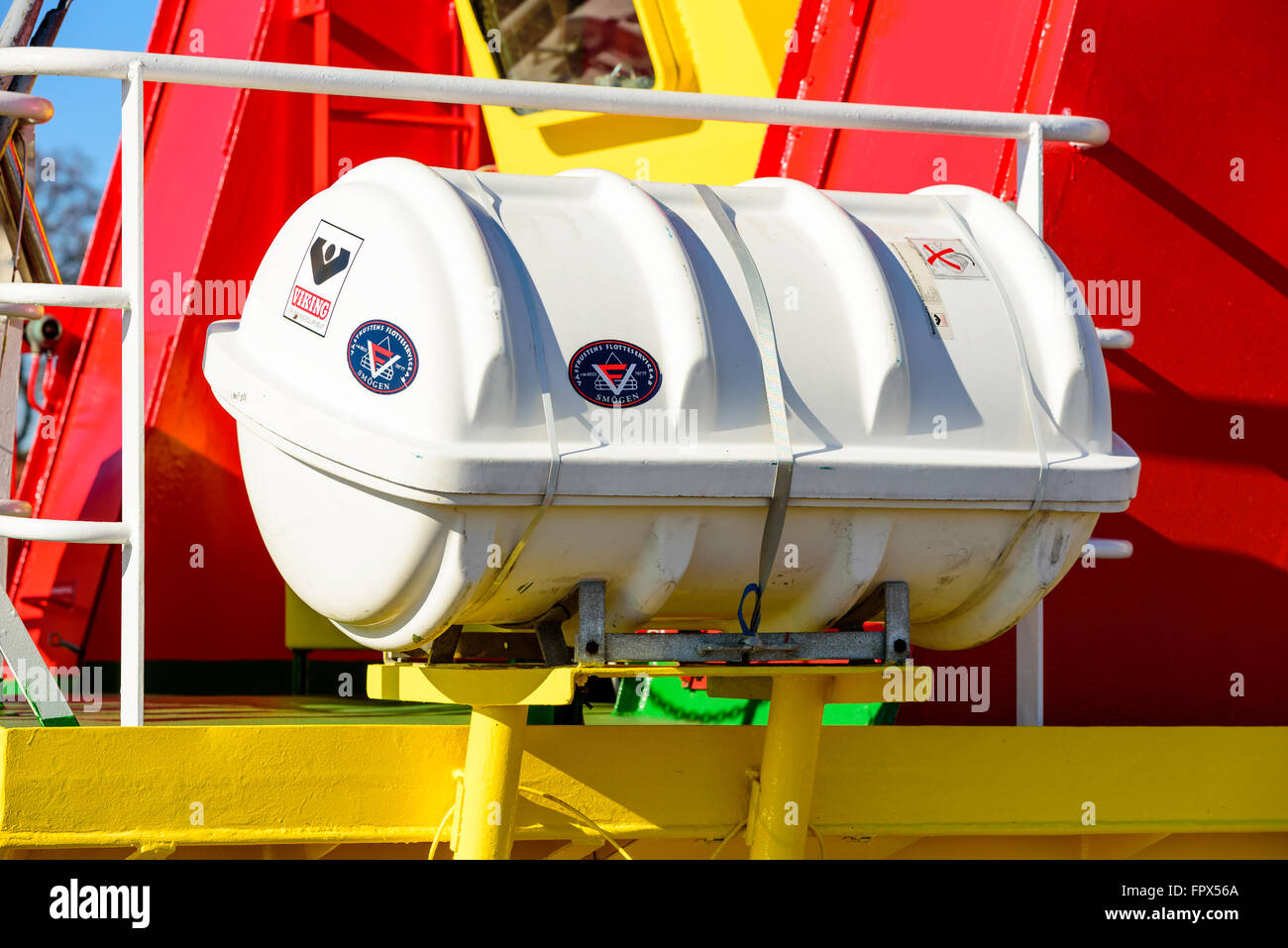 Kalmar, Sweden - March 17, 2016: An inflatable life raft at the side of a rescue ship. This type of safety equipment is mandator Stock Photo
