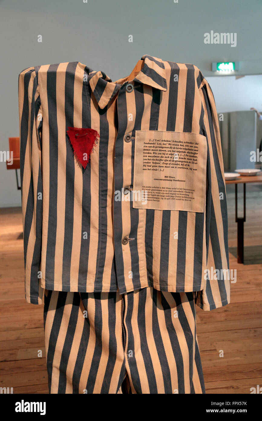 The camp clothing of a former prisoner in the Camp Vught National Memorial, Vught, North Brabant, Netherlands. Stock Photo