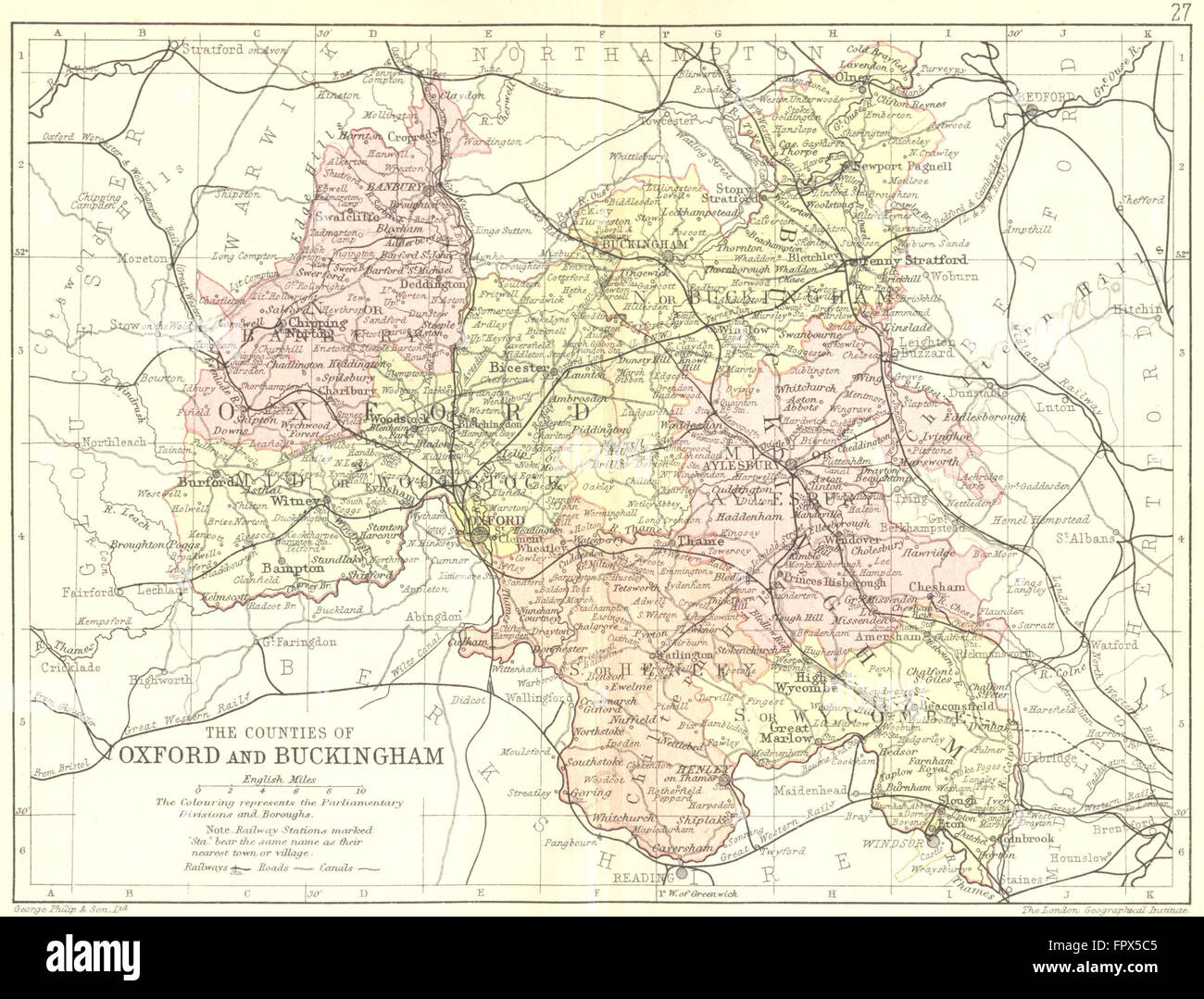 OXON BUCKS Oxfordshire Buckinghamshire; Philip, 1890 antique map Stock