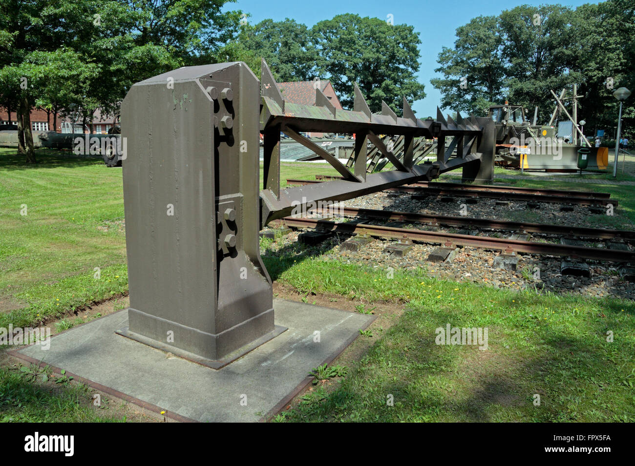 Railway gate/barrier (pantserhek) from 1935 n the external display at the Genie Museum, Vught, Netherlands. Stock Photo