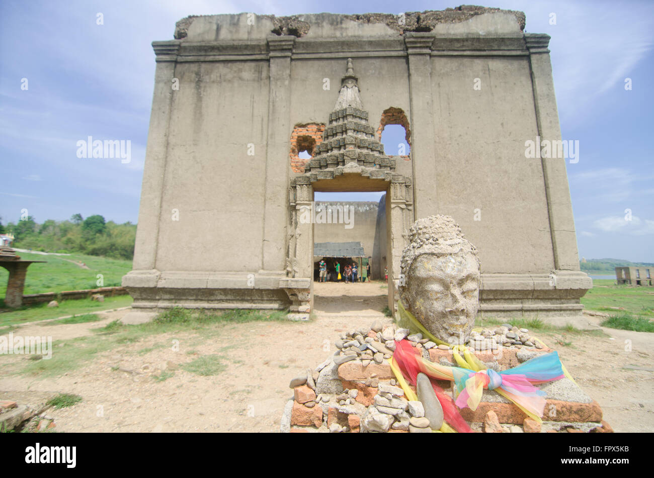 Old Buddha in Ancient Temple, Sangklaburi ,Kanchanaburi, Thailand Stock Photo