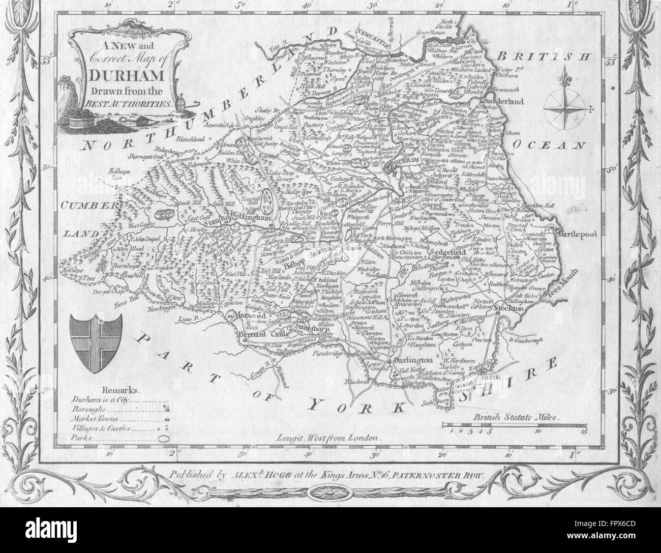 DURHAM: Walpoole Hogg: CT Shield, 1784 antique map Stock Photo