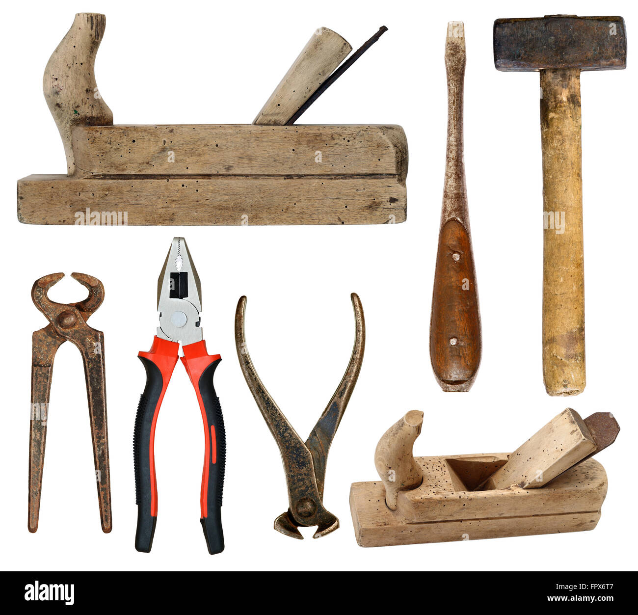 Various old and used hand tools isolated on white background Stock