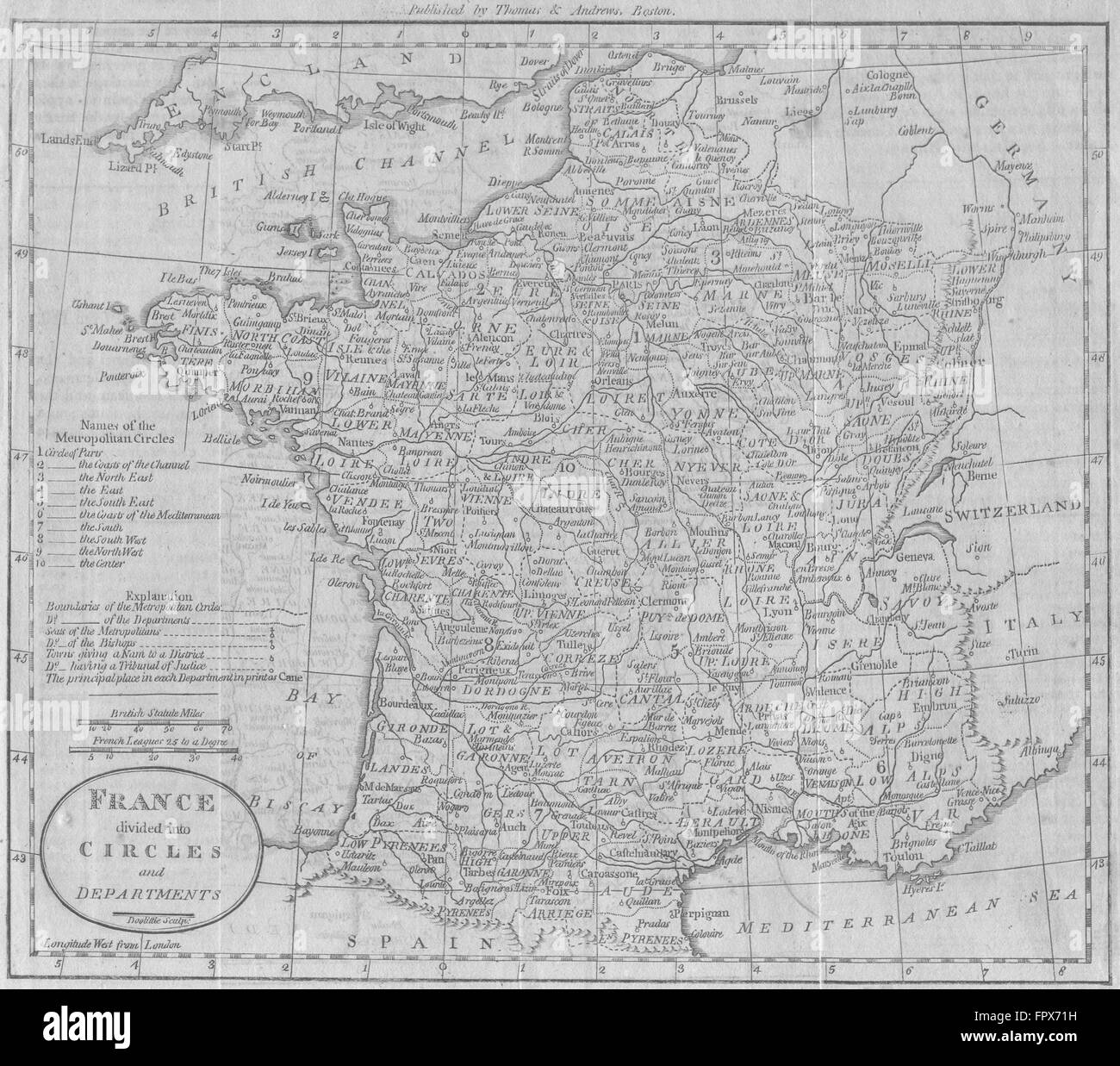 FRANCE: Circles & departments: MORSE, 1796 antique map Stock Photo