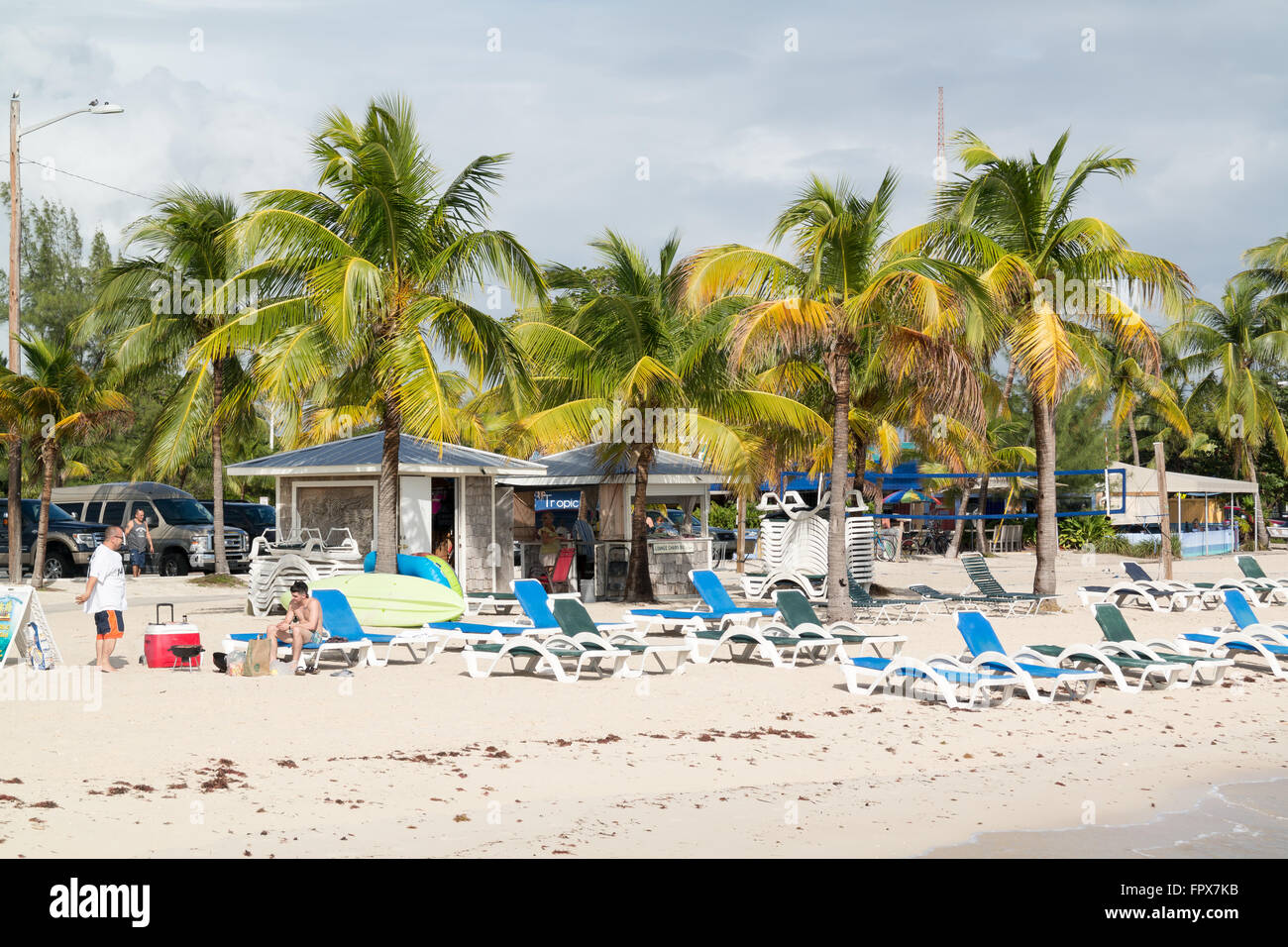 People and pavilions on Higgs Beach at south coast of Key West, Florida Keys, USA Stock Photo
