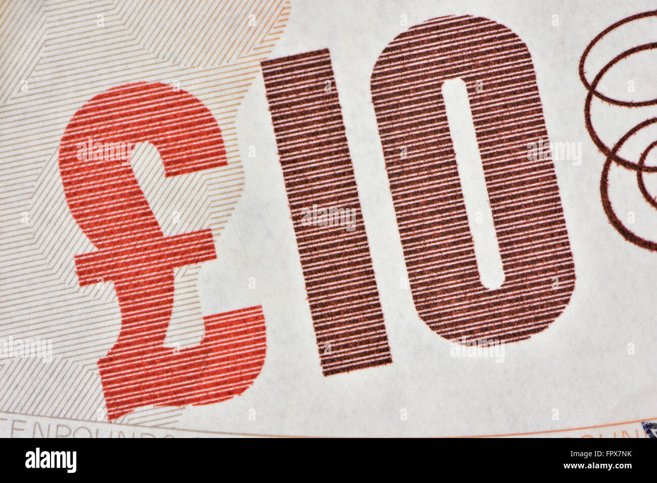 Close up of a ten pound bank note in British Sterling currency Stock Photo