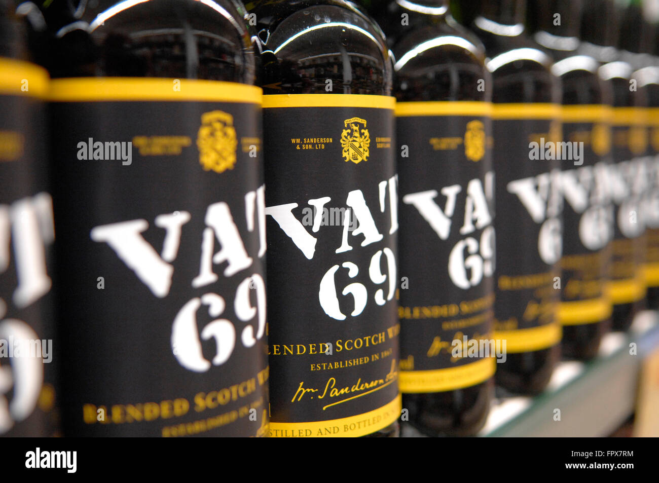Vat 69 is a Scotch blended whiskey owned by Diageo.displayed on shelve in supermarket. Stock Photo