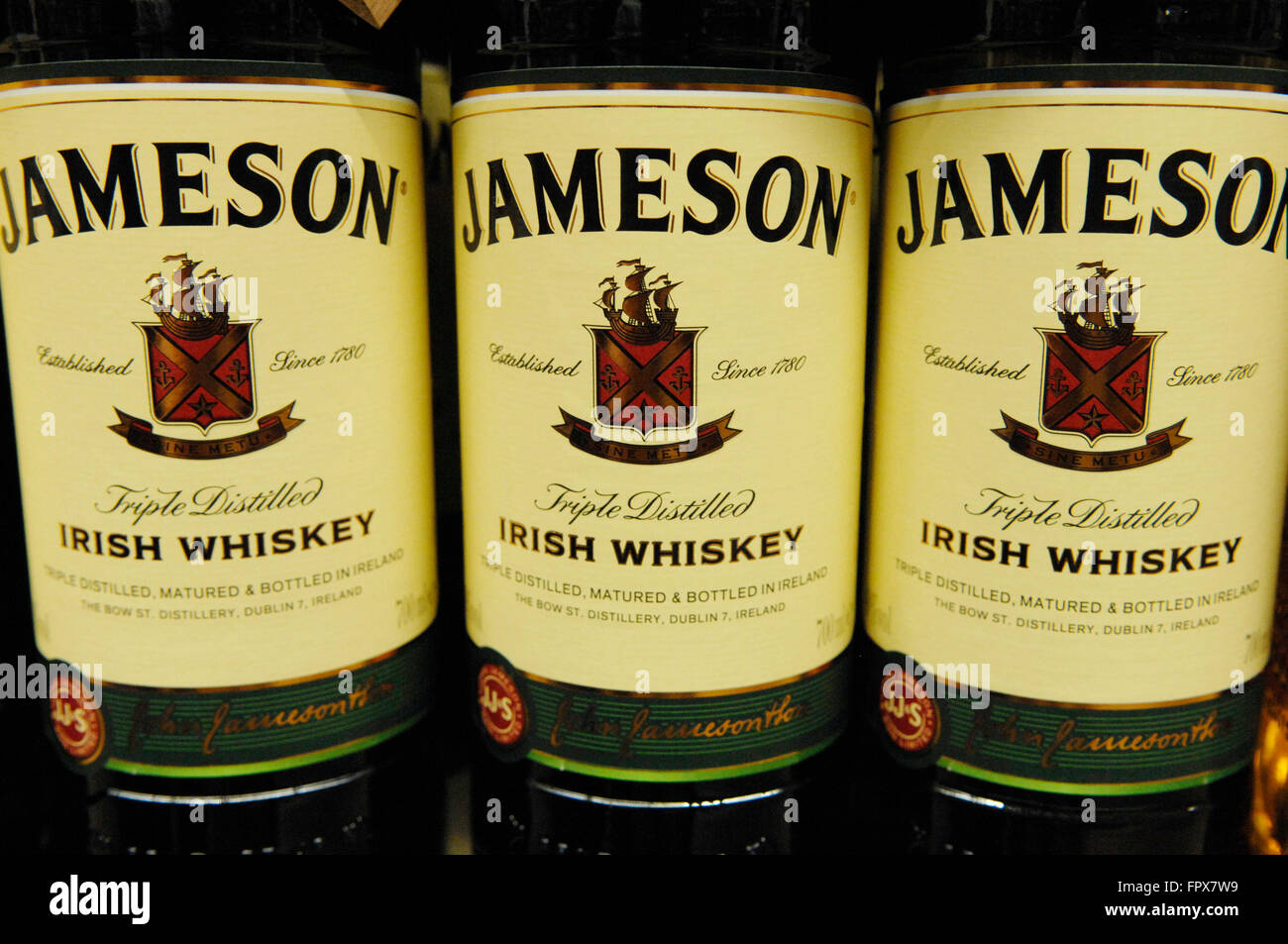 Jameson Irish Whiskey produced by Irish Distillers (Pernod Ricard) on sale in a  Carrefour supermarket. Stock Photo