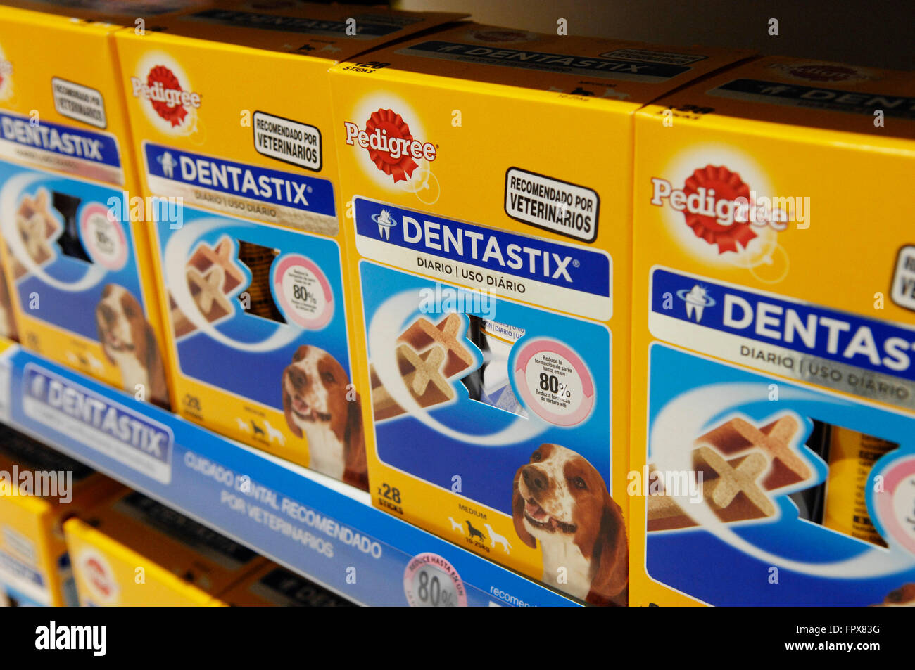 Pedigree Dentastix for dogs on display at a Carrefour Supermarket in Malaga Spain. Stock Photo