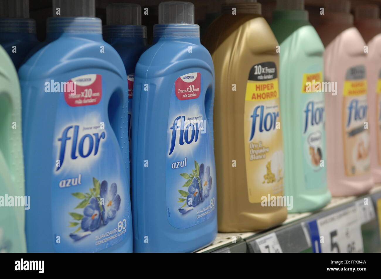 Flor Softener and Washing Liquid on display in a Carrefour Supermarket. Stock Photo