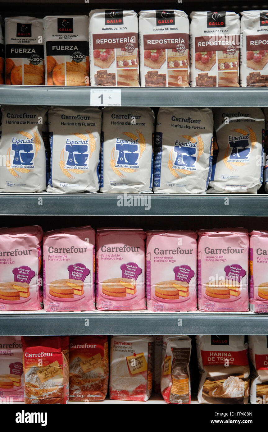 Selection of baking flours on sale at a Carrefour supermarket in Malaga Spain Stock Photo Alamy