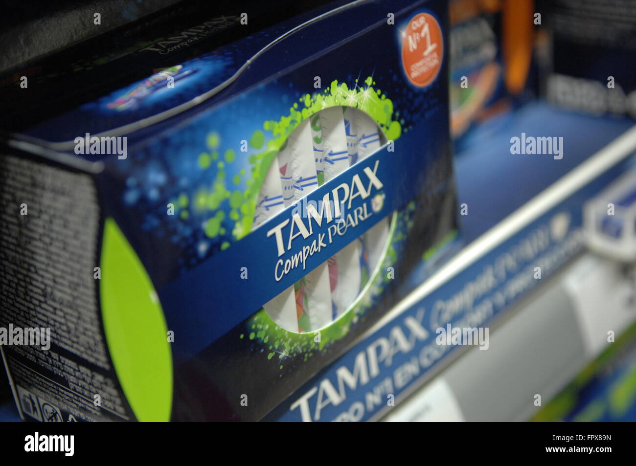 Tampax Tampons Perfect Pearl close up on shelve in a Carrefour supermarket  Stock Photo - Alamy