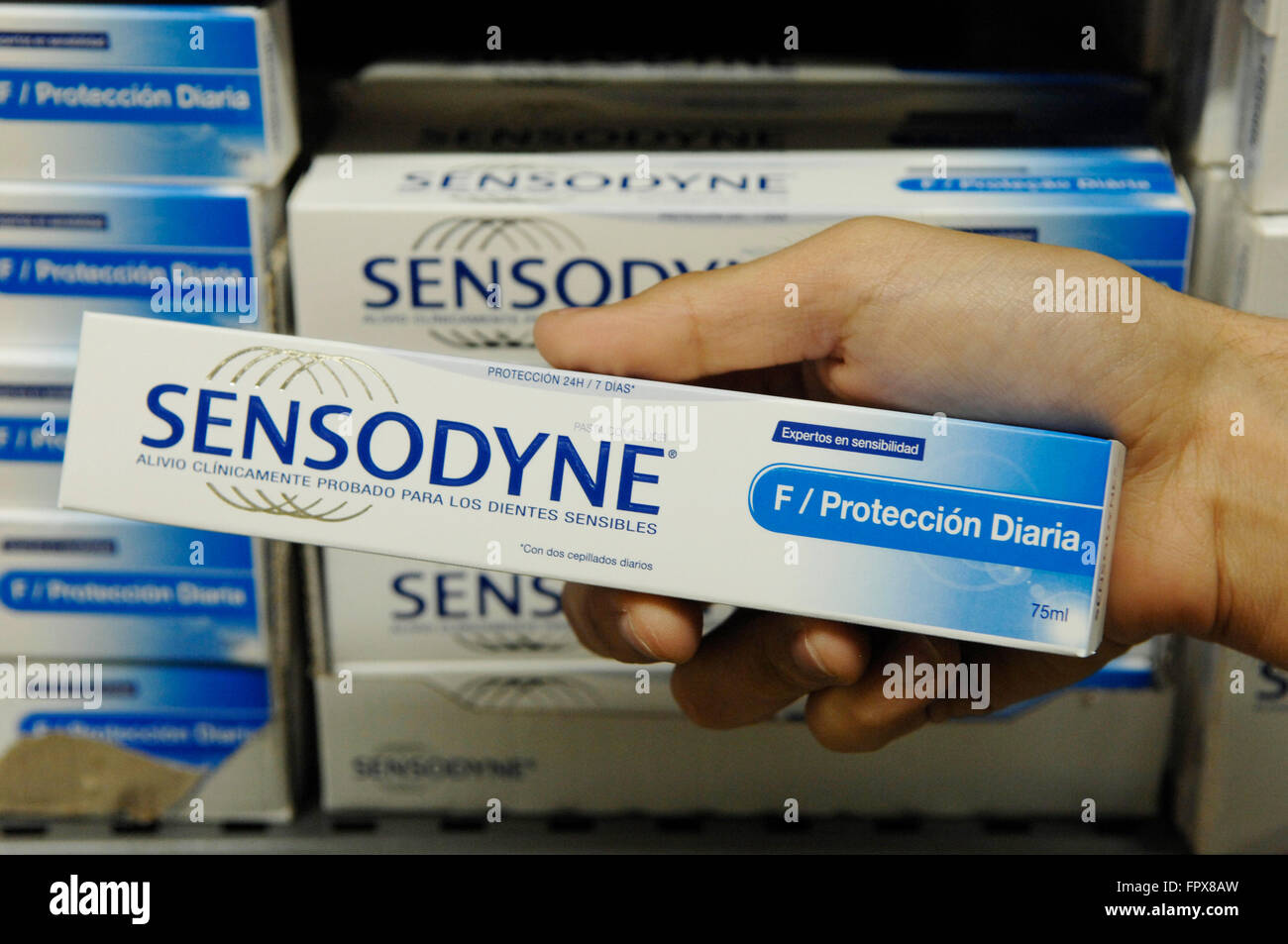 Sensodyne Toothpaste on sale in a Carrefour Supermarket in Malaga Spain. Stock Photo