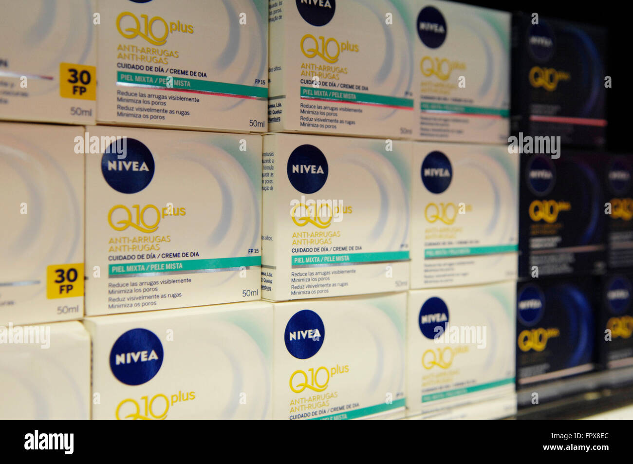NIVEA Q10 Plus ANTI-WRINKLE Day Cream on display in a Carrefour supermarket Malaga Spain. Stock Photo
