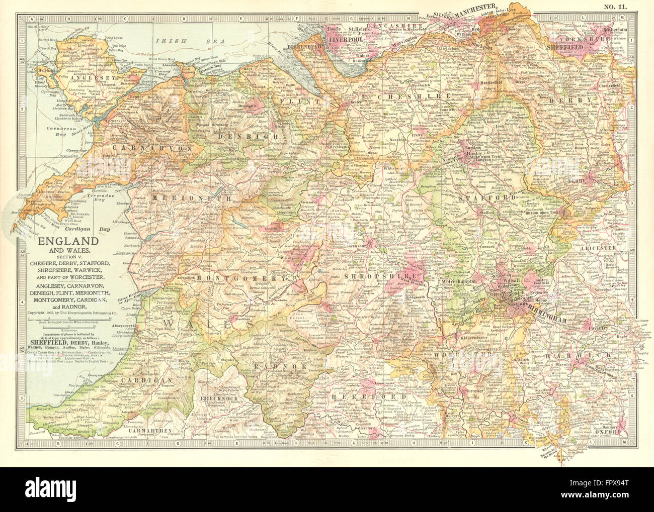 UK: West Midlands England & North Wales, 1903 antique map Stock Photo