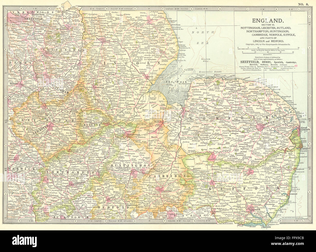 EAST MIDLANDS ANGLIA: Notts Leics Hunts Cambs, 1903 antique map Stock Photo
