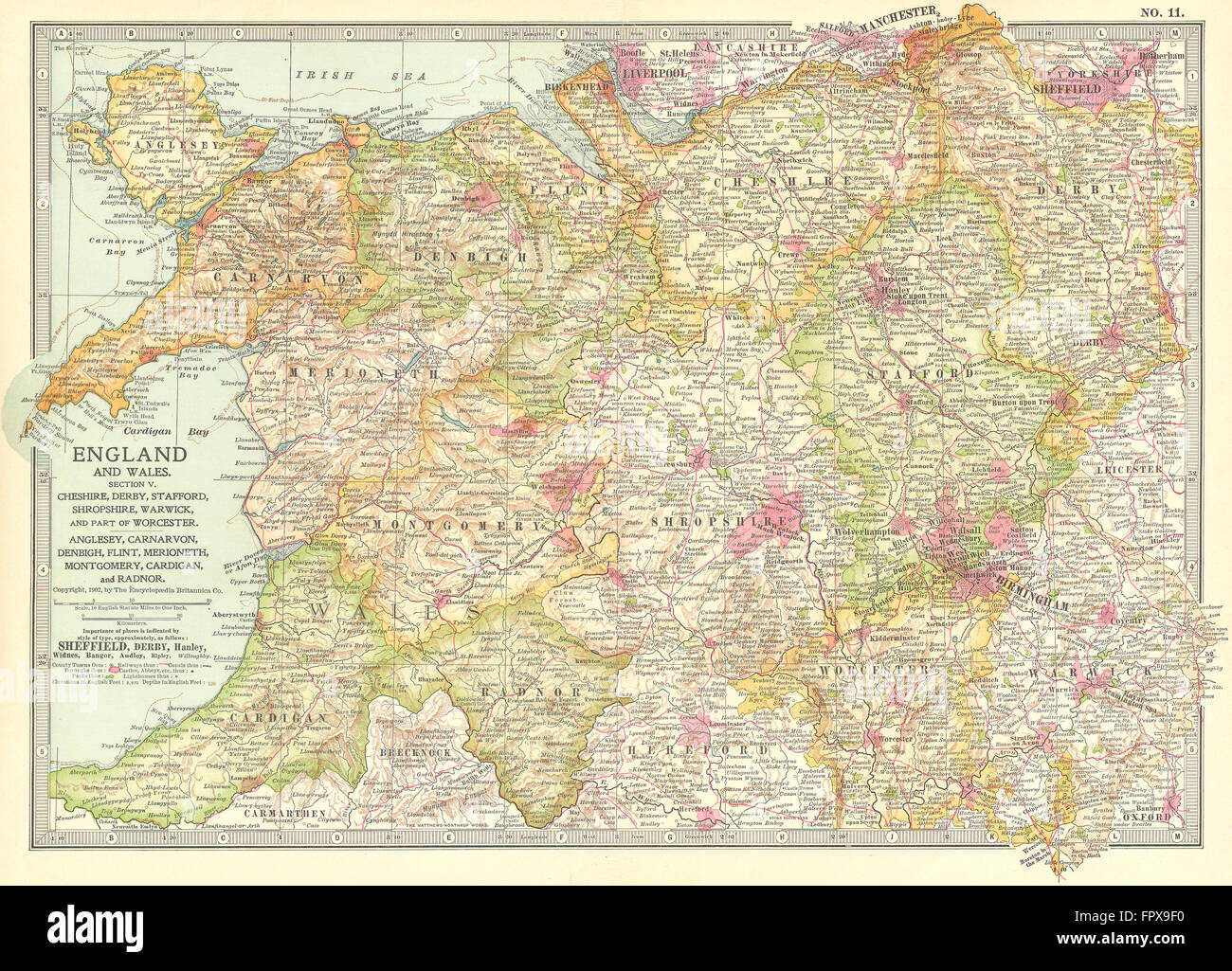 UK: West Midlands England & North Wales, 1903 antique map Stock Photo
