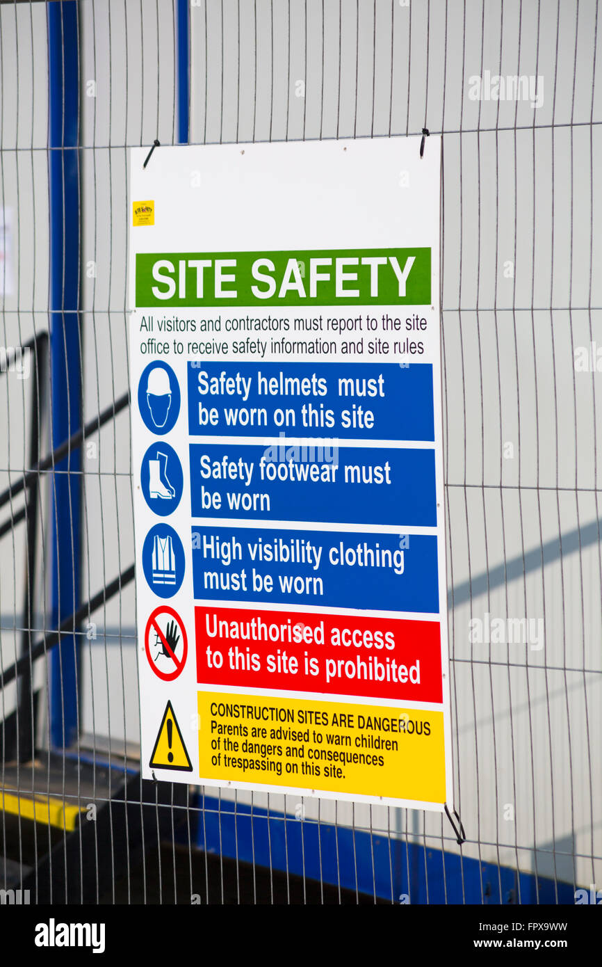 Site Safety sign at construction site at Bournemouth beach during beach replenishment works in March Stock Photo