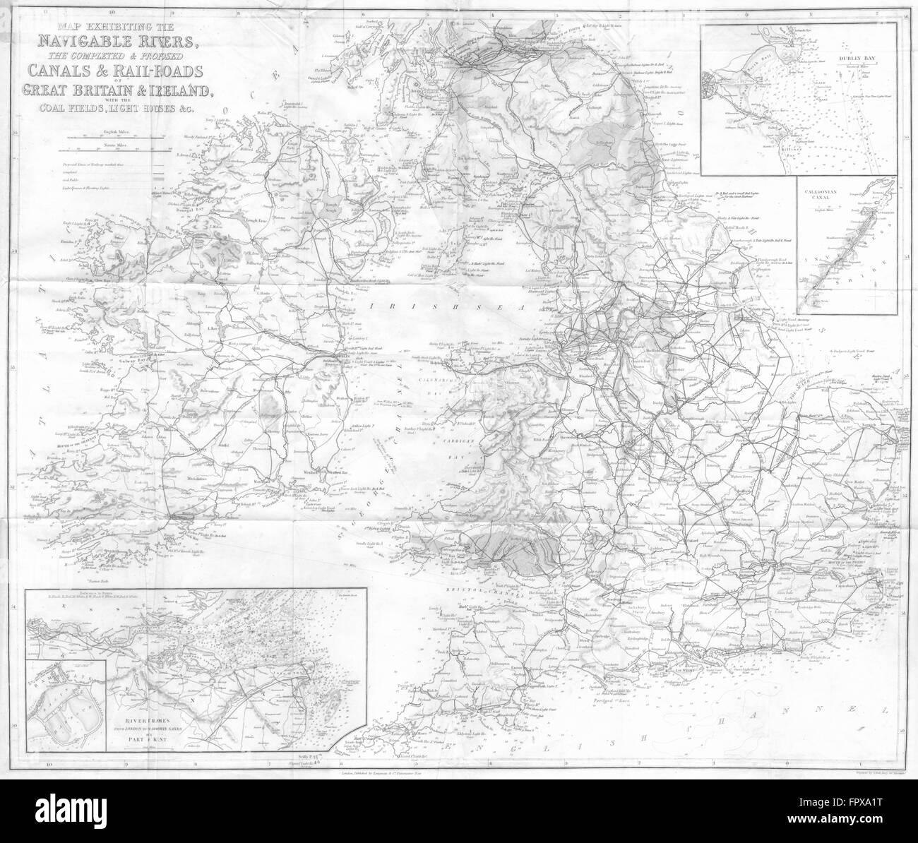 UK EIRE: River canal rail coalfield lighthouse, 1851 antique map Stock Photo