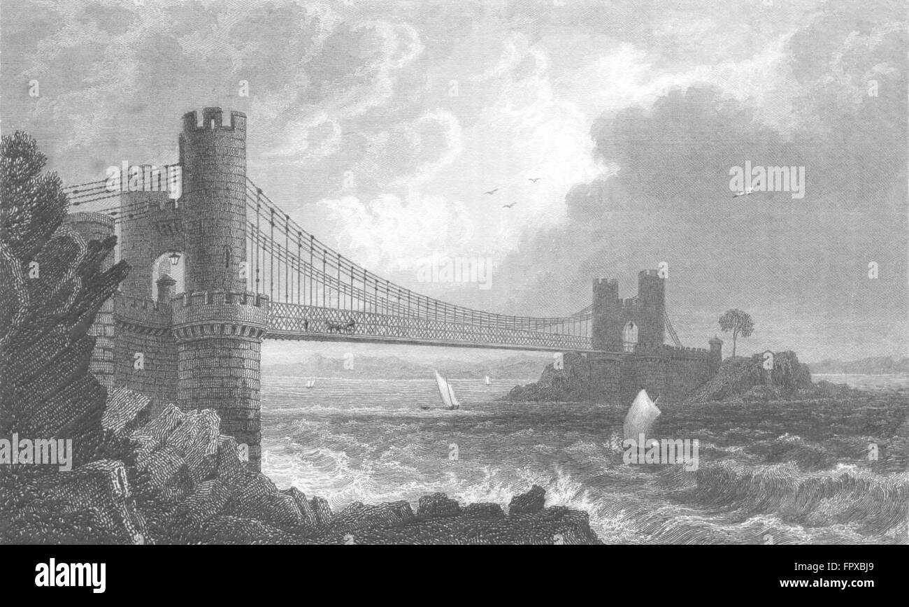 CAERNARFONSHIRE: Suspension bridge, Conway: , antique print c1831 Stock Photo